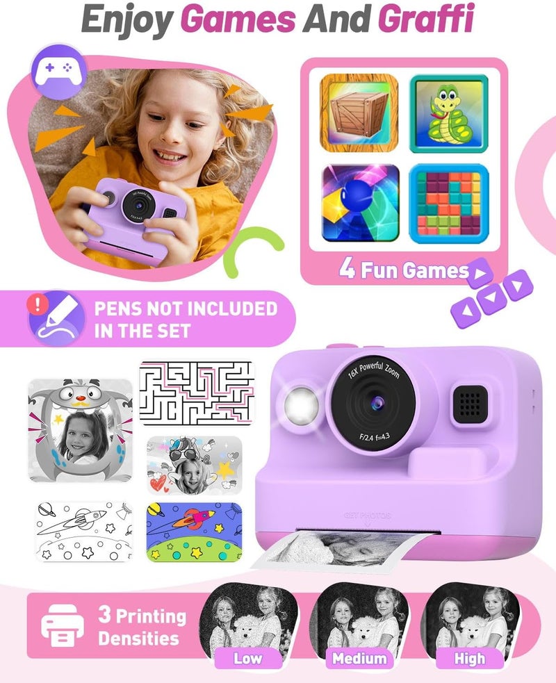 Yehtta Kids Camera Instant Print, Dual-Lens Front Rear Selfie Camera for Kids, Christmas Birthday Gifts Toys for 3-12 Year Old Boys Girls, 2.4in Screen 1080P Kids Digital Cameras with 32G Card - Image 5